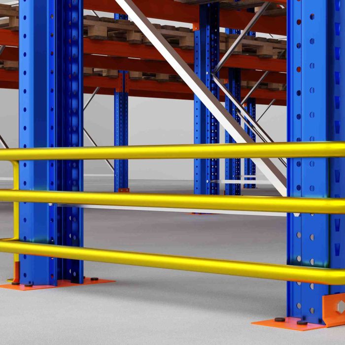 Fragment of warehouse rack. Mezzanine floor construction. Fragment of mezzanine in industrial warehouse. Warehouse furniture sale concept. Impact rack next to storage shelving. 3d image.
