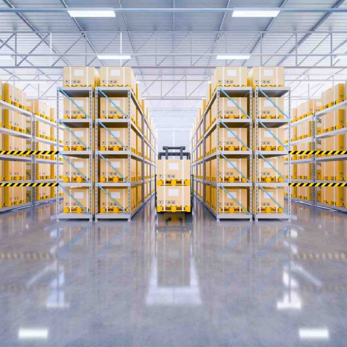 3d rendering of warehouse building and box packaging in shelf suitable for industrial background.