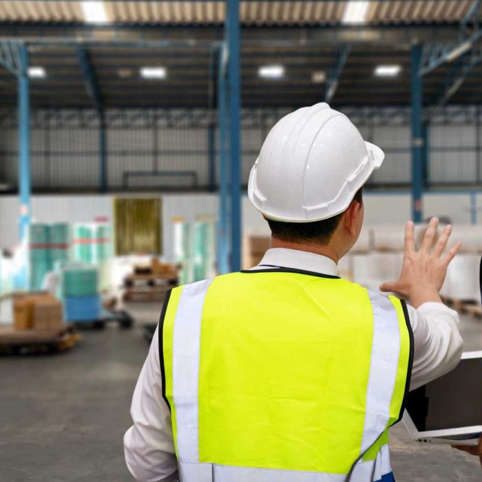 Rear view architect men and worker standing and checking large w